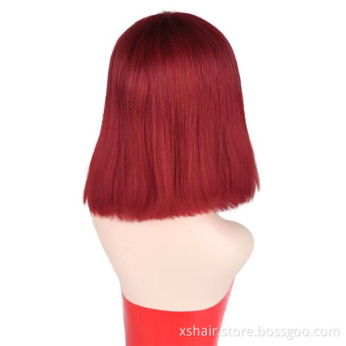 10A Human Hair Wig With Bangs Straight Short Bob Wig With Bang  Machine Made Colored Human Hair Wigs